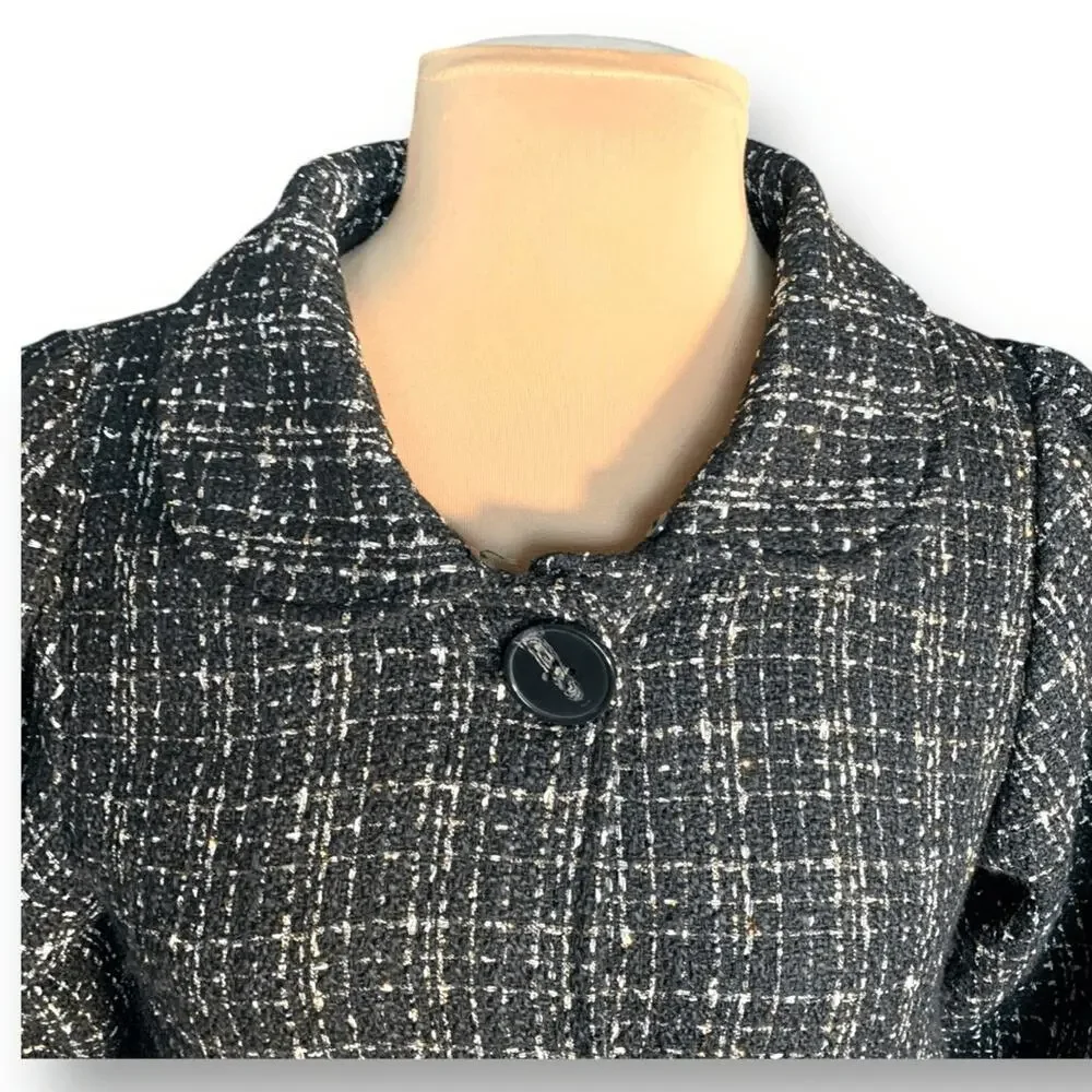 Hazel‎ Anthropologie Black White Tweed Coat Faux Fur Collar Puff Sleeves Small